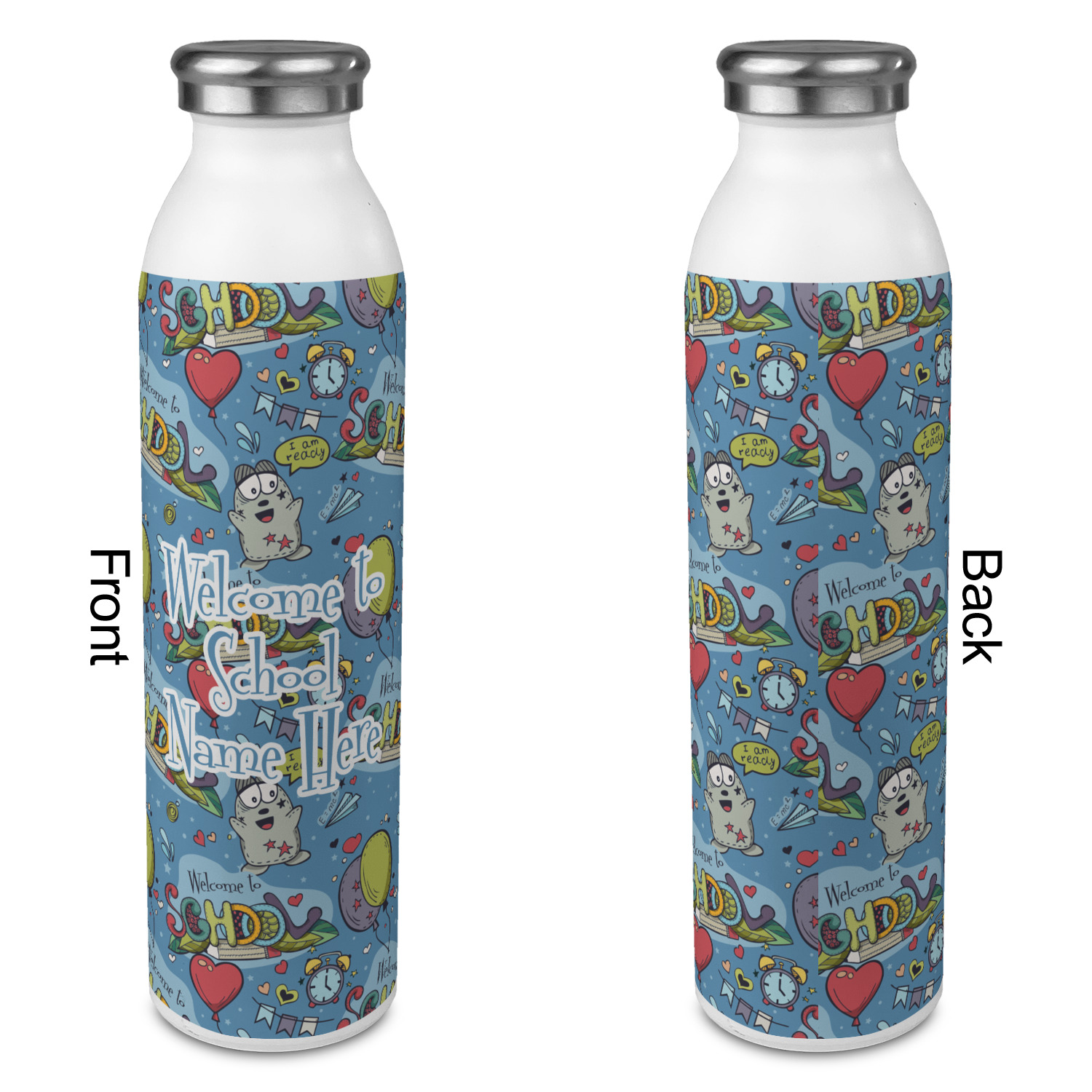 Reusable water bottles for schools, printed personalised bottles