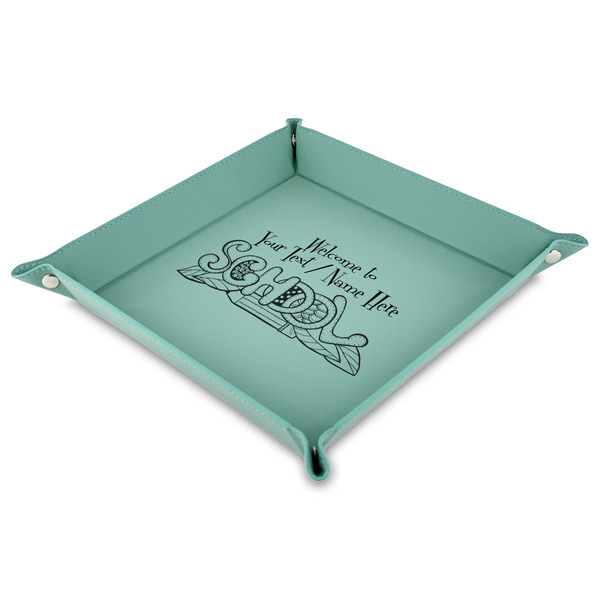 Custom Welcome to School Faux Leather Dice Tray - 9" x 9"  - Teal (Personalized)