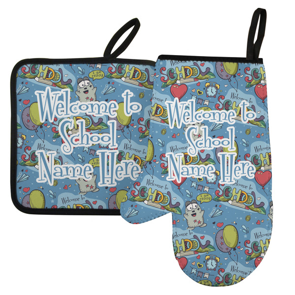 Custom Welcome to School Left Oven Mitt & Pot Holder Set w/ Name or Text