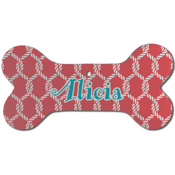 Custom Linked Rope Ceramic Dog Ornament - Front w/ Name and Initial