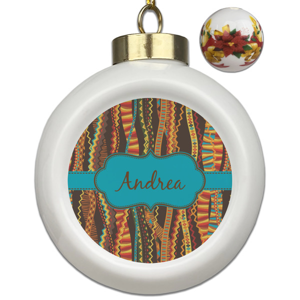 Custom Tribal Ribbons Ceramic Ball Ornaments - Poinsettia Garland (Personalized)