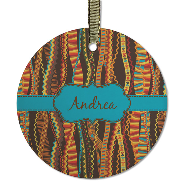 Custom Tribal Ribbons Flat Glass Ornament - Round w/ Name or Text