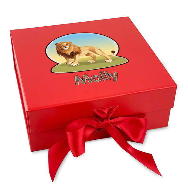 Custom African Lions & Elephants Gift Box with Magnetic Lid - Red (Personalized)