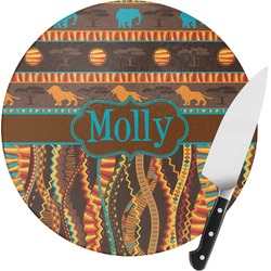 African Lions & Elephants Round Glass Cutting Board - Medium (Personalized)
