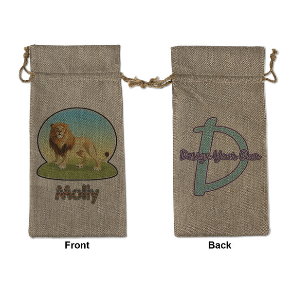 Custom African Lions & Elephants Large Burlap Gift Bag - Front & Back (Personalized)