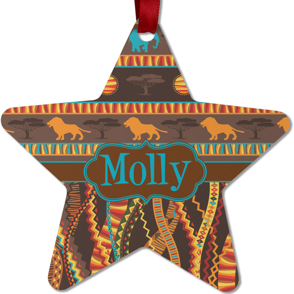 Custom African Lions & Elephants Metal Star Ornament - Double Sided w/ Name or Text