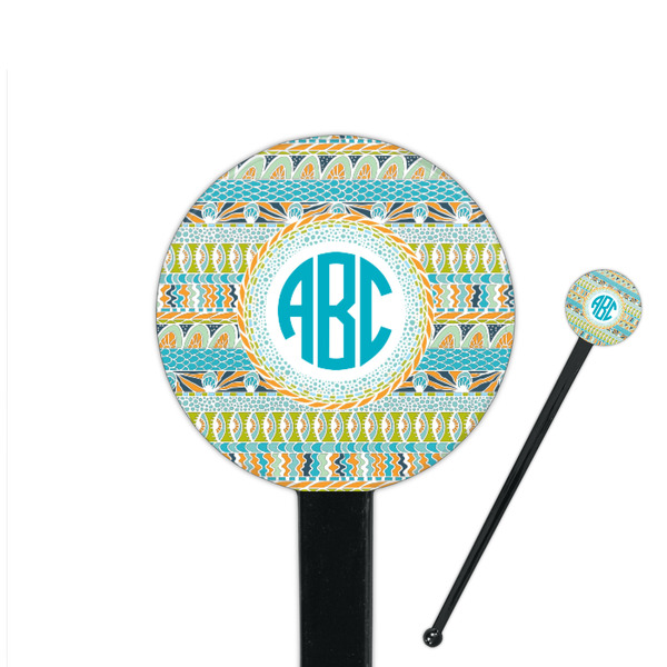 Custom Abstract Teal Stripes 7" Round Plastic Stir Sticks - Black - Double Sided (Personalized)