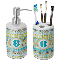 Abstract Teal Stripes Ceramic Bathroom Accessories Set (Personalized)