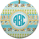 Abstract Teal Stripes Round Ceramic Ornament w/ Monogram