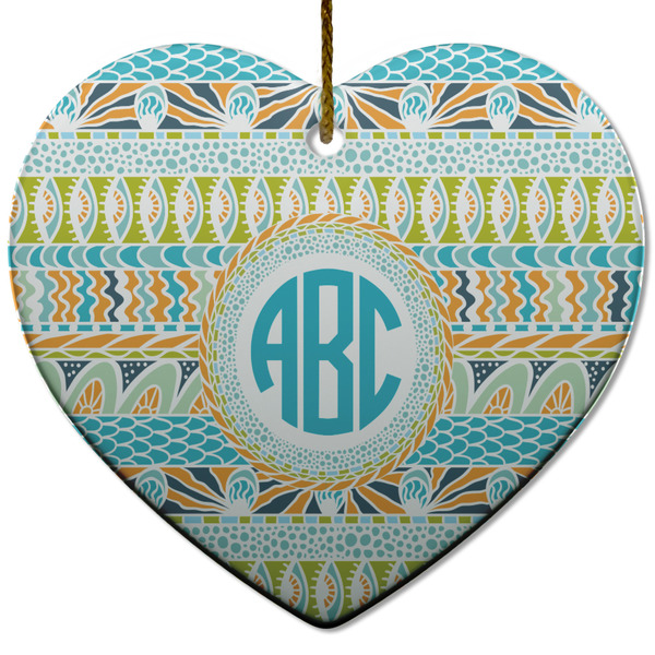 Custom Abstract Teal Stripes Heart Ceramic Ornament w/ Monogram