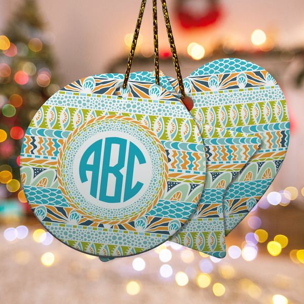 Custom Abstract Teal Stripes Ceramic Ornament w/ Monogram