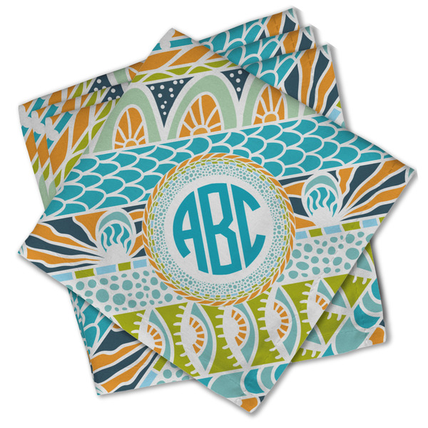 Custom Abstract Teal Stripes Cloth Cocktail Napkins - Set of 4 w/ Monogram