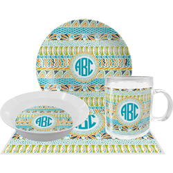 Abstract Teal Stripes Dinner Set - Single 4 Pc Setting w/ Monograms