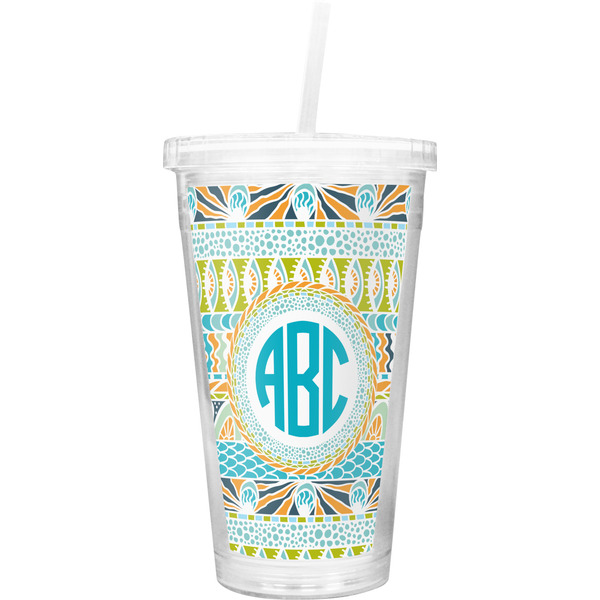 Custom Abstract Teal Stripes Double Wall Tumbler with Straw (Personalized)