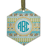 Abstract Teal Stripes Flat Glass Ornament - Hexagon w/ Monogram