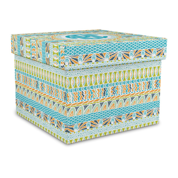 Custom Abstract Teal Stripes Gift Box with Lid - Canvas Wrapped - Large (Personalized)