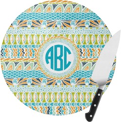Abstract Teal Stripes Round Glass Cutting Board - Medium (Personalized)