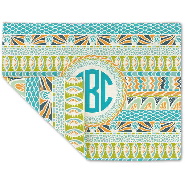 Custom Abstract Teal Stripes Double-Sided Linen Placemat - Single w/ Monogram