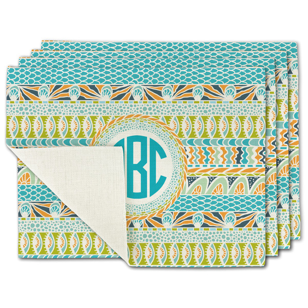 Custom Abstract Teal Stripes Single-Sided Linen Placemat - Set of 4 w/ Monogram