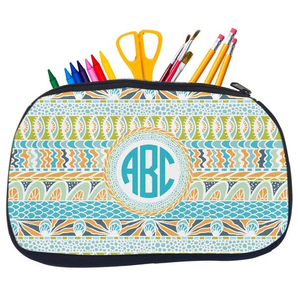 Custom Abstract Teal Stripes Neoprene Pencil Case - Medium w/ Monogram