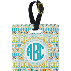 Abstract Teal Stripes Plastic Luggage Tag - Square w/ Monogram