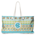 Abstract Teal Stripes Large Tote Bag with Rope Handles (Personalized)