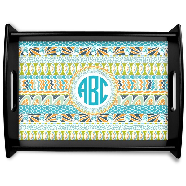 Custom Abstract Teal Stripes Black Wooden Tray - Large (Personalized)