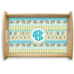 Abstract Teal Stripes Natural Wooden Tray - Small (Personalized)