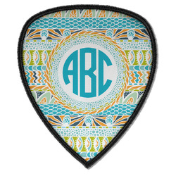 Abstract Teal Stripes Iron on Shield Patch A w/ Monogram