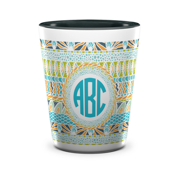 Custom Abstract Teal Stripes Ceramic Shot Glass - 1.5 oz - Two Tone - Set of 4 (Personalized)