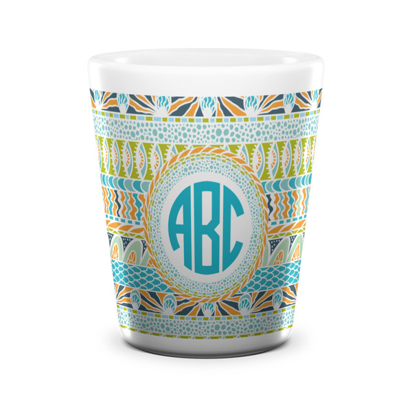 Custom Abstract Teal Stripes Ceramic Shot Glass - 1.5 oz - White - Single (Personalized)