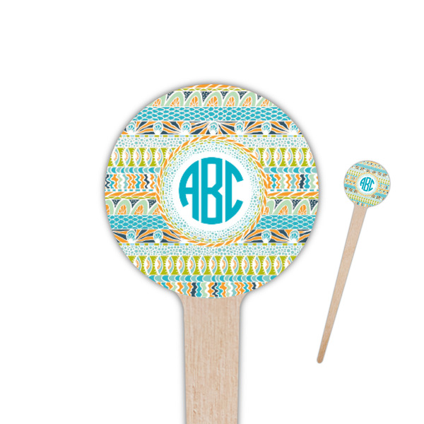 Custom Abstract Teal Stripes 4" Round Wooden Food Picks - Single Sided (Personalized)