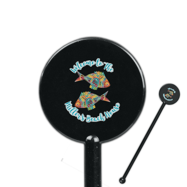 Custom Mosaic Fish 5.5" Round Plastic Stir Sticks - Black - Single Sided