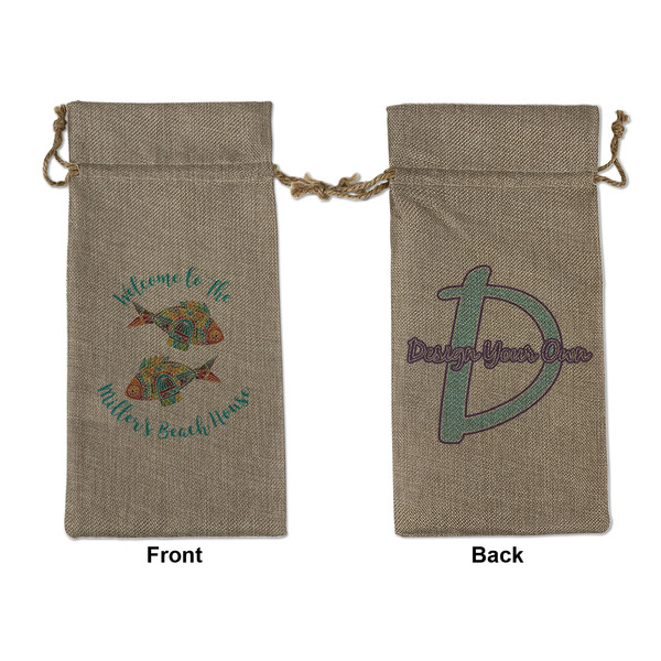 Custom Mosaic Fish Large Burlap Gift Bag - Front & Back