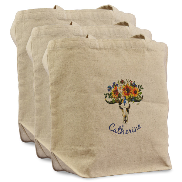 Custom Sunflowers Reusable Cotton Grocery Bags - Set of 3 (Personalized)