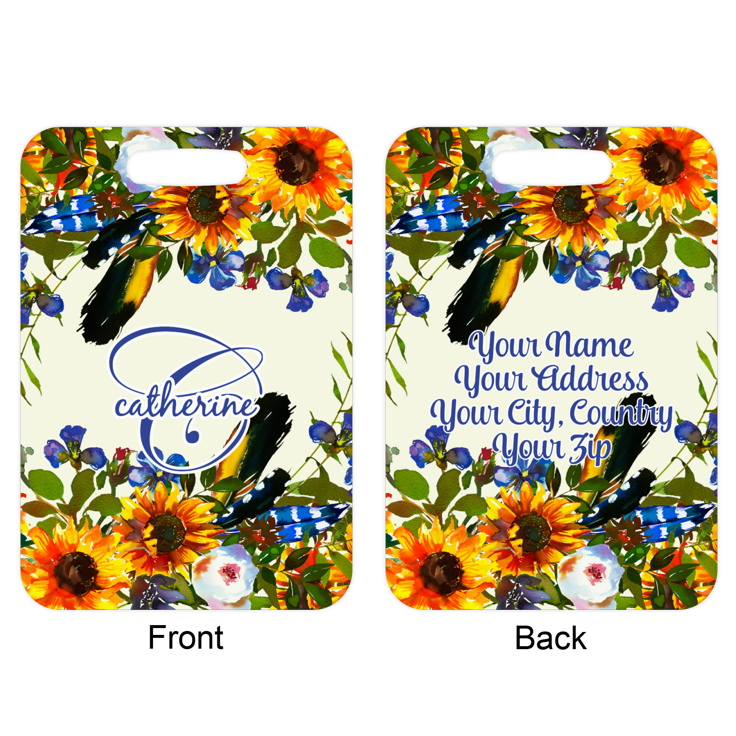 sunflowers metal luggage tag w name and initial youcustomizeit