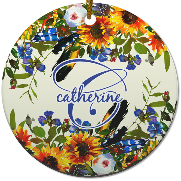 Custom Sunflowers Round Ceramic Ornament w/ Name and Initial