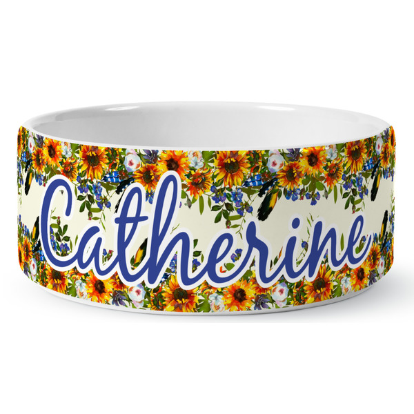 Custom Sunflowers Ceramic Dog Bowl (Personalized)