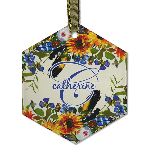 Custom Sunflowers Flat Glass Ornament - Hexagon w/ Name and Initial