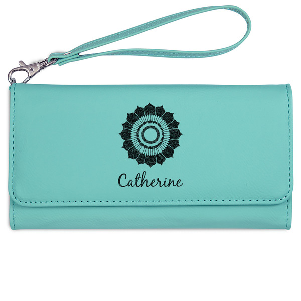 Custom Sunflowers Ladies Leatherette Wallet - Laser Engraved- Teal (Personalized)