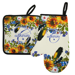 Sunflowers Left Oven Mitt & Pot Holder Set w/ Name and Initial