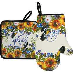 Sunflowers Right Oven Mitt & Pot Holder Set w/ Name and Initial