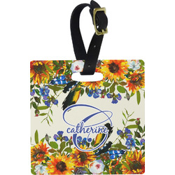 Sunflowers Plastic Luggage Tag - Square w/ Name and Initial