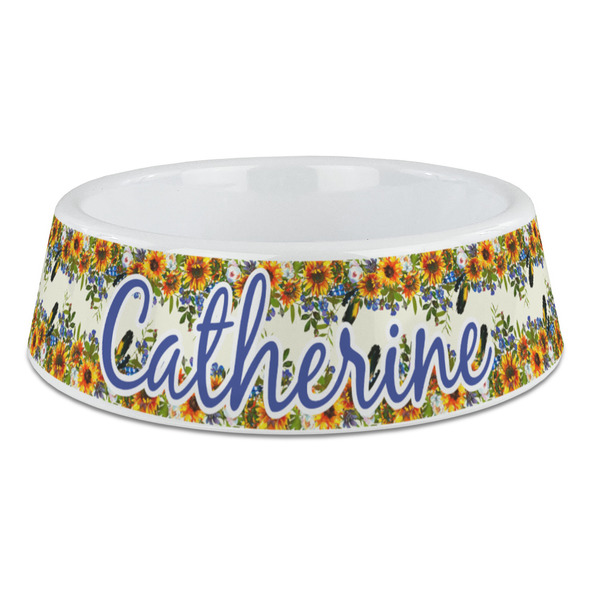 Custom Sunflowers Plastic Dog Bowl - Large (Personalized)