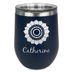 Sunflowers Stemless Stainless Steel Wine Tumbler - Navy - Double Sided (Personalized)