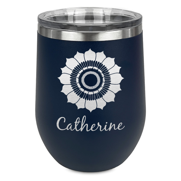 Custom Sunflowers Stemless Stainless Steel Wine Tumbler - Navy - Double Sided (Personalized)