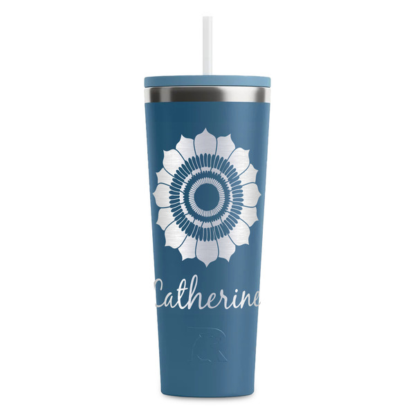 Custom Sunflowers RTIC Everyday Tumbler with Straw - 28oz - Steel Blue - Double-Sided (Personalized)