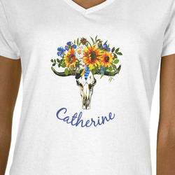 Sunflowers Women's V-Neck T-Shirt - White - Large (Personalized)