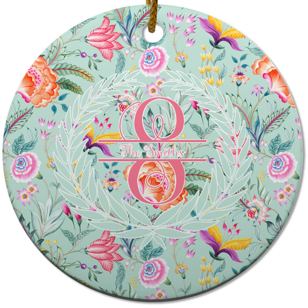 Custom Exquisite Chintz Round Ceramic Ornament w/ Name and Initial