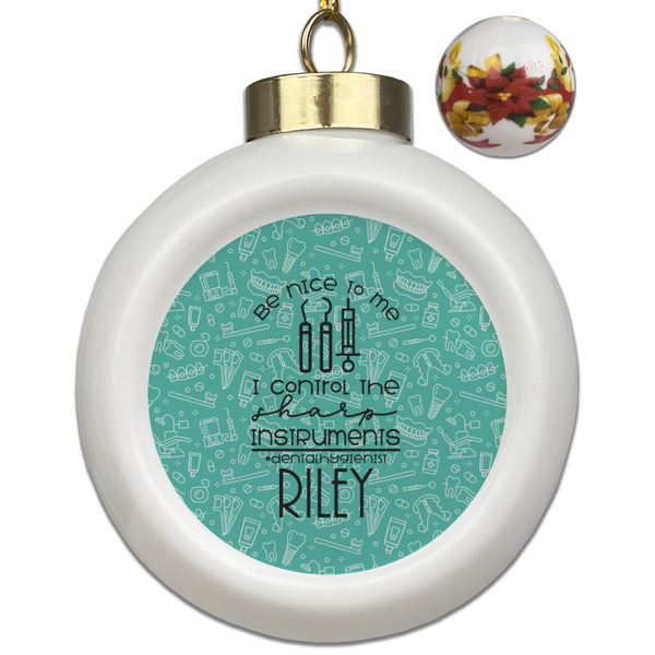 Custom Dental Hygienist Ceramic Ball Ornaments - Poinsettia Garland (Personalized)